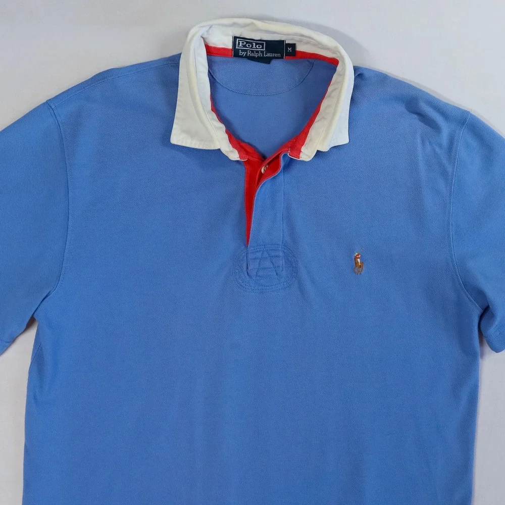 Polo Ralph Lauren Rugby Shirt‎ Mens M Blue White Twill Collar Flesh Pony Preppy